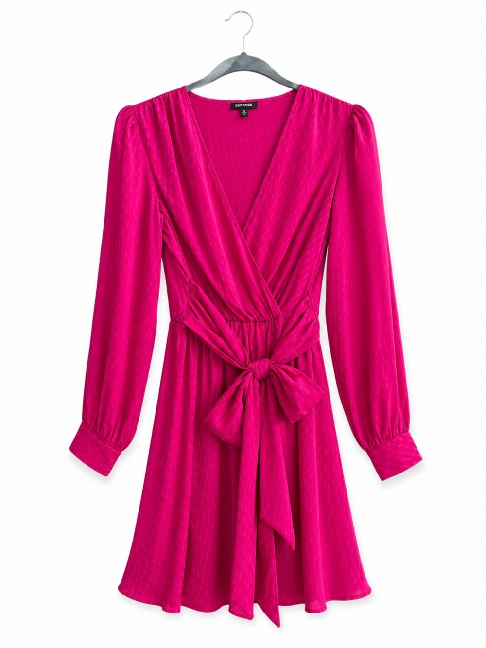 Express Hot Pink Long-Sleeve Wrap Dress with Waist Tie